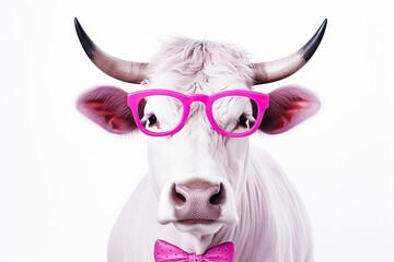 bull portrait with pink glasses. banner with a white background