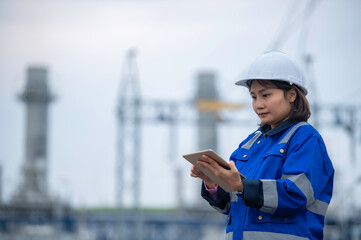 Asian woman petrochemical engineer working at oil and gas refinery plant industry factory,The people worker man engineer work control at power plant energy industry manufacturing