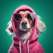 a dog with a sweater and sunglasses on a pink background