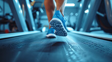 Close up of feet, sportsman runner running on treadmill in fitness club. Cardio workout. Healthy lifestyle, guy training in gym.