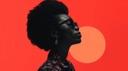 Beautiful black woman in sunglasses profile view. Side view photo of African American with afro hairstyle on red studio background with copy space. Black History Month concept. For banner, poster.