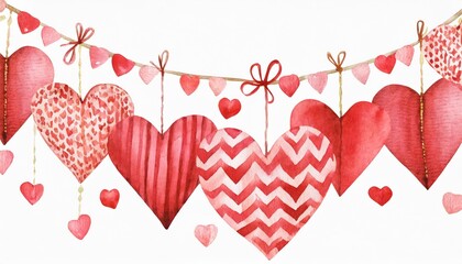 Wall Mural - watercolor valentines day red textile heart garland elegant style fabric and wooden heart decor hand drawn romantic