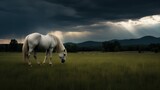 Fototapeta Konie - Horse grazing in a lawn. Beautiful outdoor background .