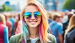 festival party or meeting, young adult woman with colorful dyed hair and sunglasses outdoors in a crowd of people