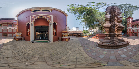 Wall Mural - full hdri 360 panorama near hindu temple of goddess laxmi with gopuram tower in jungle among palm trees in Indian tropic town in equirectangular projection. VR AR content