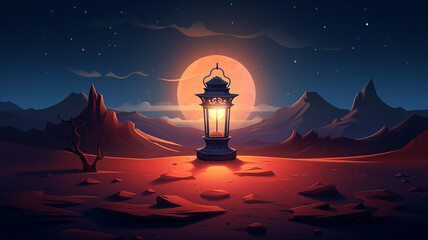 Wall Mural - The light of Ramadan. Illustration of lanterns in the desert shining at night during Ramadan.