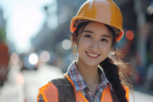 Asian Woman Wearing Construction Worker Uniform For Safety On Site