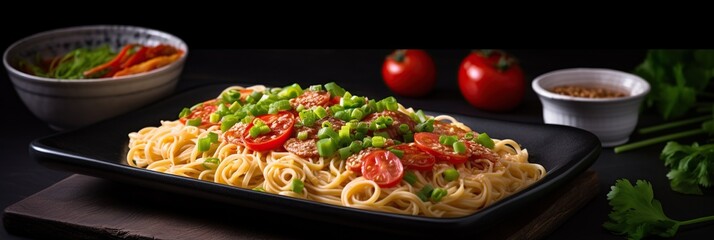 Wall Mural - Delicious and tasty spaghetti with tomatoes and green onion on black background with copy space. AI generative image.