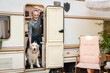Portrait of voyage trip adventure with dog. Senior old elderly man traveler adventurer driving minivan camper home trailer with golden retriever labrador domestic animal