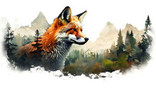 Digital Painting Of A Red Fox In The Mountains. Vector Illustration.