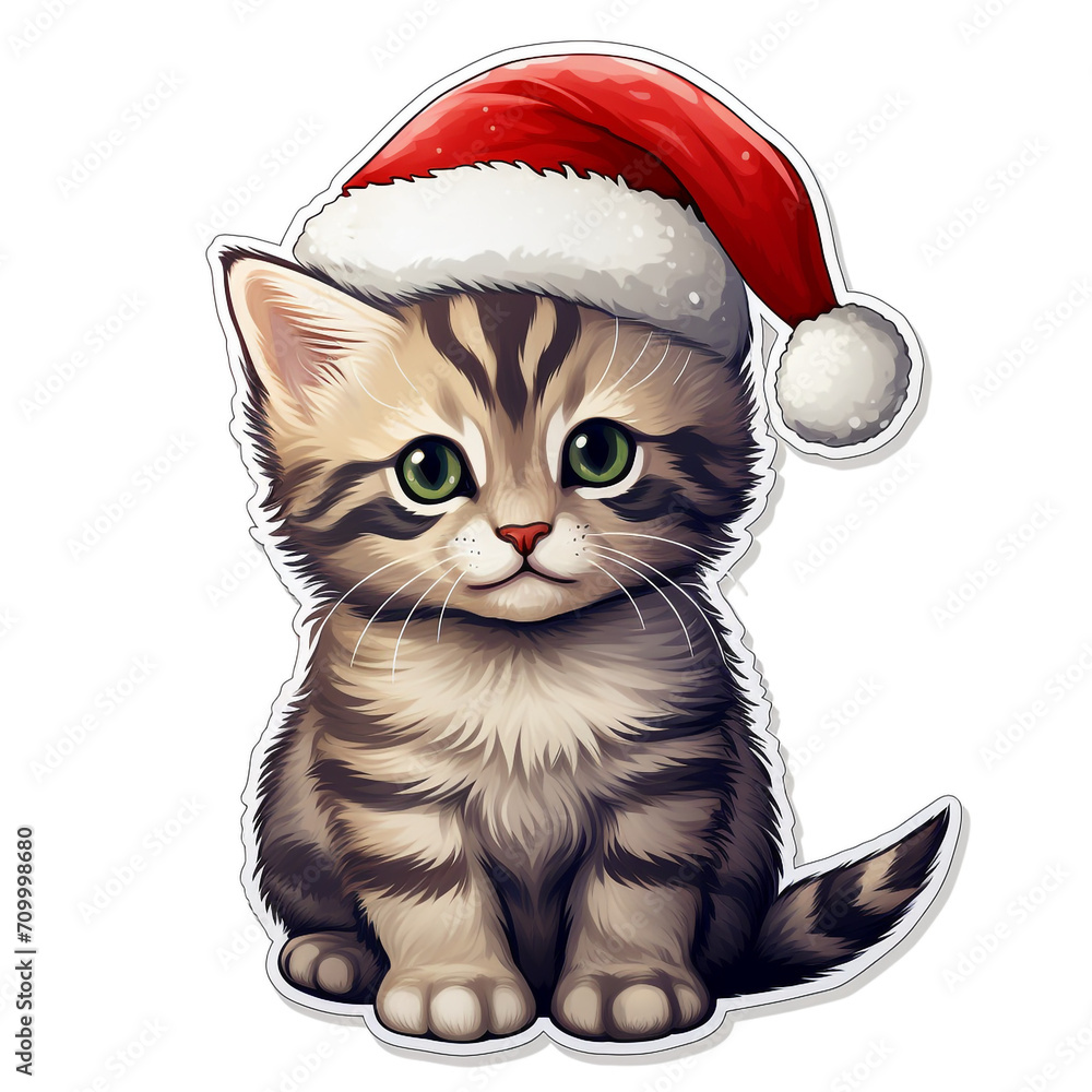 a christmas sticker of a kitten wearing santa claus hat created with Generative Ai