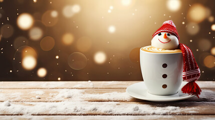Wall Mural - Cup of coffee or hot chocolate with melted marshmallow snowman. Winter cozy hot drink with milk foam snowman. Holiday background with copy space. Christmas and New Year time.