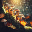 little mushrooms growing on a tree trunk in wet moss and fallen leaves, under rain drops and autumnal sun. ai generative