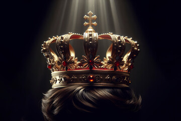 The crown is placed on the head closeup, coronation on a black background with atmospheric spot light. ai generative