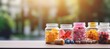 Food supplements on table with blurred defocused background and copy space for text placement