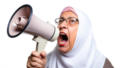 person shouting angry with a megaphone