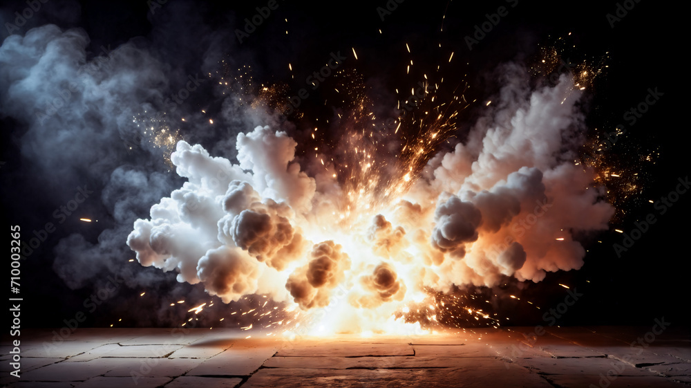 Fire sparks explosion A dark empty street, dark blue background, an ...