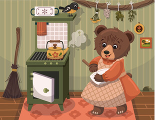 Wall Mural - Illustration of a mother bear baking cakes in traditional kitchen setting. Vector cartoon bear.