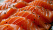 Close up of salmon slice arranged in a row