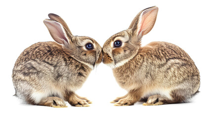 Two bunnies are kissing isolated on a white background