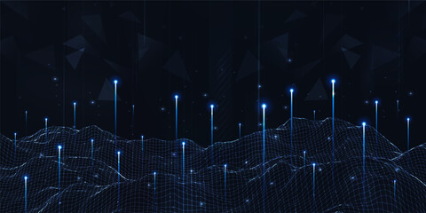 Digital technology futuristic internet network connection dark black background, blue abstract cyber information communication, Ai big data science, innovation future tech, line illustration vector 3d