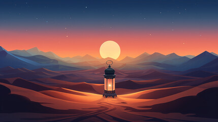 Wall Mural - The light of Ramadan. Illustration of lanterns in the desert shining at night during Ramadan.