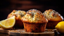 Delicious lemon poppy seed muffins with a easy recipe concept for home kitchen on blurred background