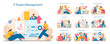 IT project management set. Stages from planning to execution displayed. Workflow efficiency, team collaboration, and client interaction in project phases. Flat vector illustration.