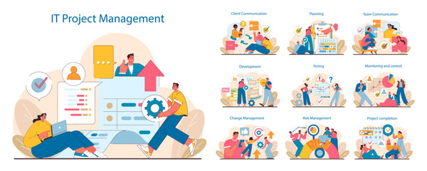 it project management set. stages from planning to execution displayed. workflow efficiency, team co