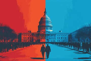 US Capitol with one half red and the other half blue, republicans vs democrats concept