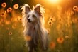 Chinese crested dog sitting in meadow field surrounded by vibrant wildflowers and grass on sunny day ai generated