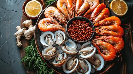 Wall Mural - Top view of fresh seafood on table. Generative AI.