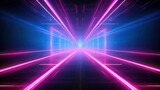Fototapeta Przestrzenne - Abstract neon light geometric background. Glowing neon lines. Empty futuristic stage laser. Pink blue rectangular laser lines. Square tunnel. Night club empty room. Banner product