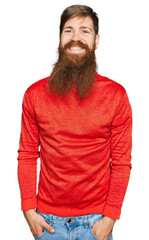 Sticker - Redhead man with long beard wearing casual clothes with a happy and cool smile on face. lucky person.