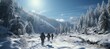 Adventurous mountaineer backcountry skiing in snowy alpine landscape with majestic snowy trees