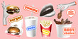 © Яна  - Set of fast food stickers with a halftone effect in a modern retro collage style. Burger in hand, french fries, soda, fried chicken legs in a bucket and other fast food elements in retro collage style