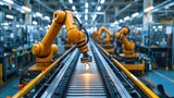 Fototapeta  - Robotic arm and steel conveyor in assembly car manufacturing factory. Generative AI.