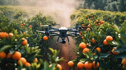 Wall Mural - An agricultural drone from above working over orange trees field, Fumigating spreading steam. Generative AI.