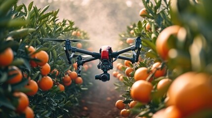 Wall Mural - An agricultural drone from above working over orange trees field, Fumigating spreading steam. Generative AI.