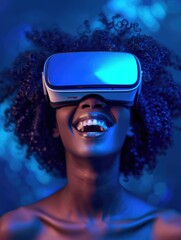 Aufkleber - Portrait of a smiling and laughing black female wear VR glasses gaming, Dark blue background Generative AI. Generative AI.