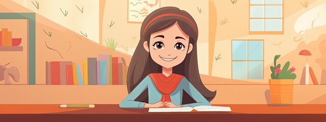 Wall Mural - Smiling Muslim Arabic girl sitting at school desk in modern classroom. Back to school. Student with hijab. Islamic banner 