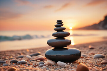 Zen stones on the beach near sea, blurred background, warm sunset light