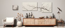 Home Decor Template Featuring A Living Room With Wooden Sideboard, Artwork, Vase With Branch, Box, Slippers, Stucco Wall, Sculpture, Books, Gray Carpet, And Personal Accessories.