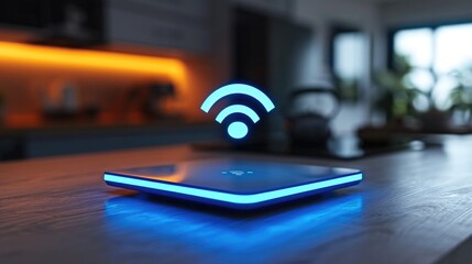 Fototapete - A wifi extender, Blue wifi symbol, Connected smart home. Generative AI.
