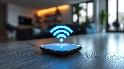 Fototapete - A wifi extender, Blue wifi symbol, Connected smart home. Generative AI.