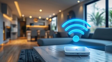 Fototapete - A wifi extender, Blue wifi symbol, Connected smart home. Generative AI.