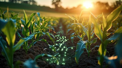 Corn field with holographic data and technology, Agricultural technologies on the farm. Generative AI.