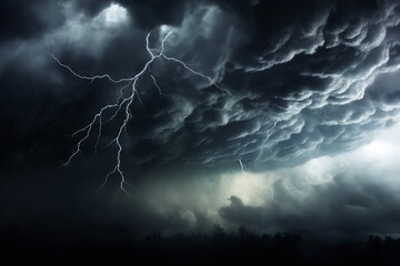 Wall Mural - dark dramatic stormy sky with lightning and cumulus clouds aerial view for abstract background