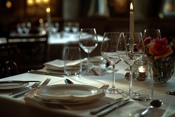 Dining table decorated for an evening dinner party, dinner concept for two glasses, luxury elegant table setting dinner in a restaurant