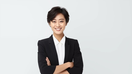 Poster - Young Asian business woman is crossing her arms on a white background.